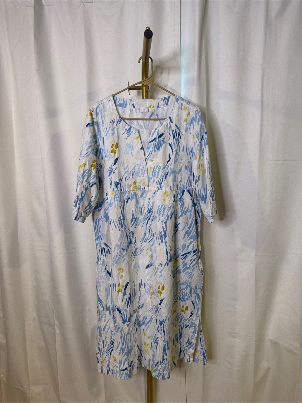 Poetry Cotton Linen Dress Tunic 10 Blue, White & Yellow Floral Midi Dress